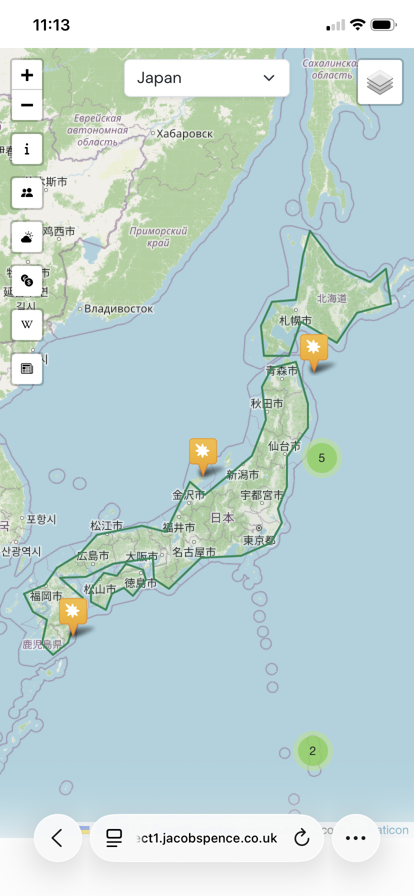 Different Country Selected From Selection Bar and Earthquake Markers Toggled