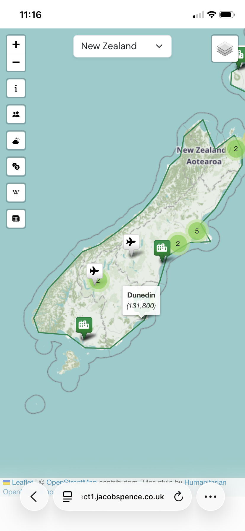 City's Name and Population Displayed Via Tooltoips